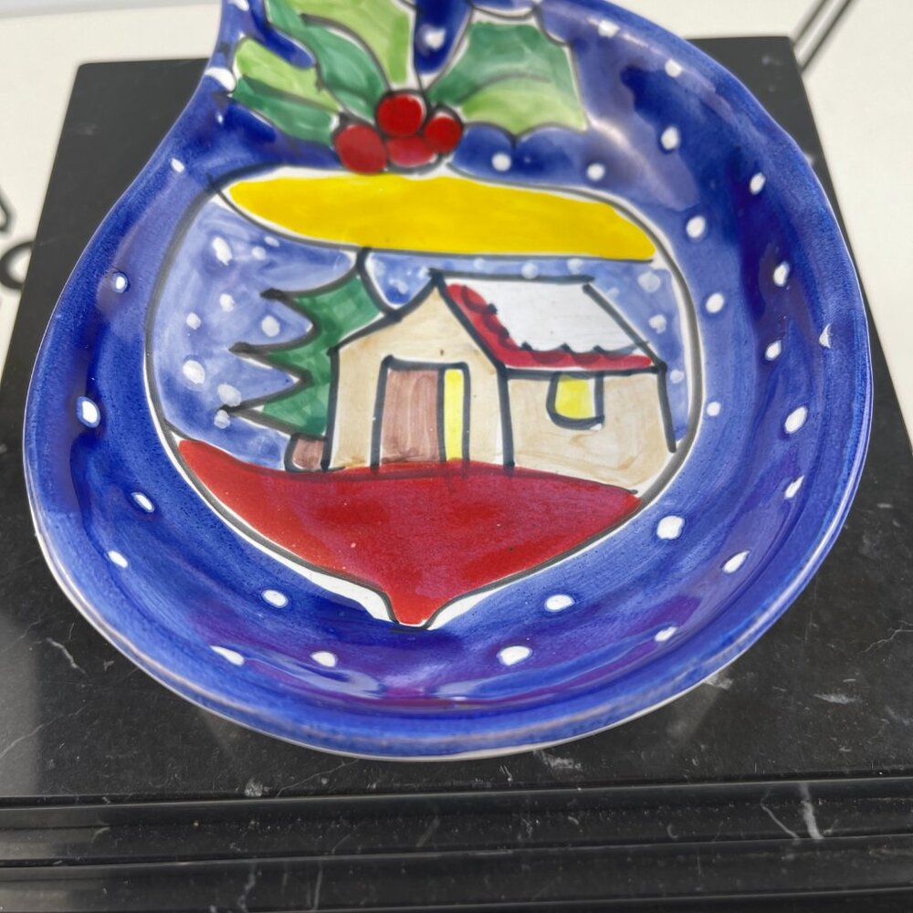 Vintage Made in Italy Ceramic Christmas Trinket Dish Winter Cottage Scene Blue - Picture 6 of 11